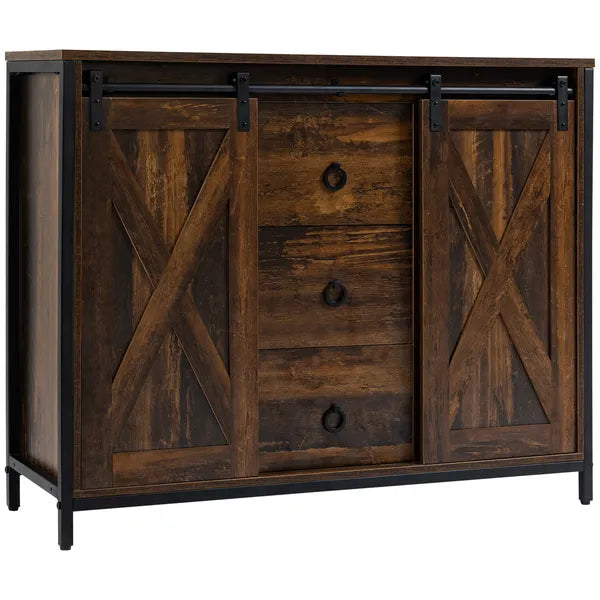 HOMCOM Buffet Kitchen Cabinet, Kitchen Sideboard Cabinet with Barn Doors, 3 Drawers and Adjustable Shelves for Living Room, Rustic Brown - product image 1