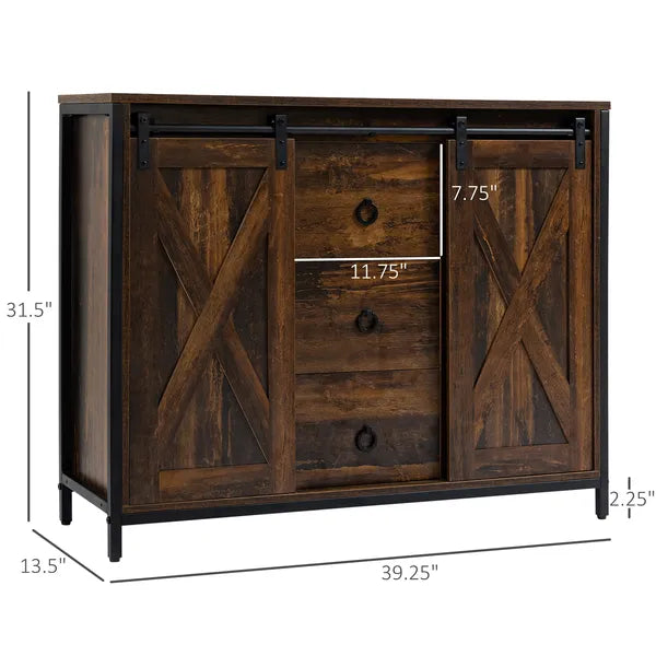 HOMCOM Buffet Kitchen Cabinet, Kitchen Sideboard Cabinet with Barn Doors, 3 Drawers and Adjustable Shelves for Living Room, Rustic Brown - product image 3