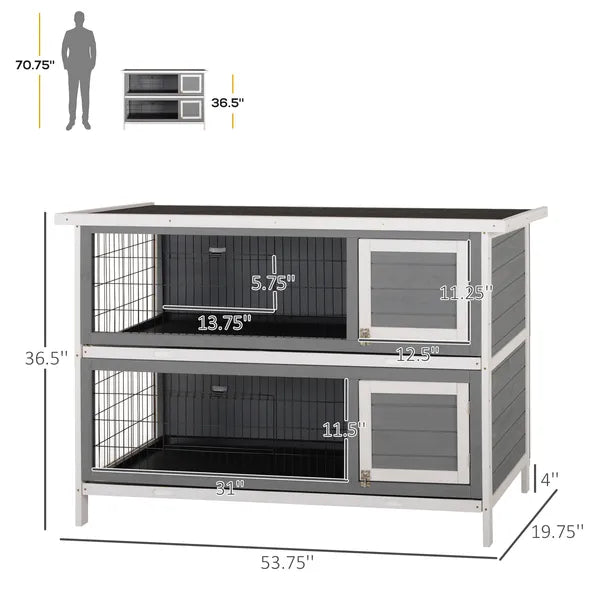 Bunny Cage Outdoor, 54" 2-Level Wooden Cage, with Lockable Doors, Removable Tray and Waterproof Roof, for Outdoor/Indoor Dark Grey - product image 3