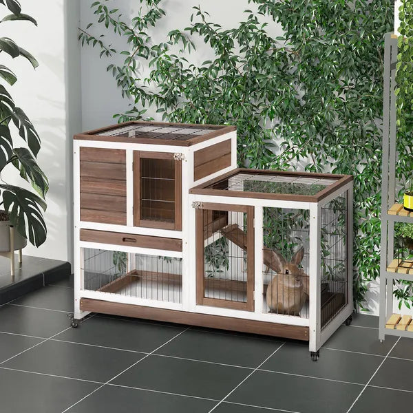 Bunny Hutch with Wheels Ramp Removable Tray, Solid Fir Wood Bunny Cage, Bunny Houses, Brown - product image 10
