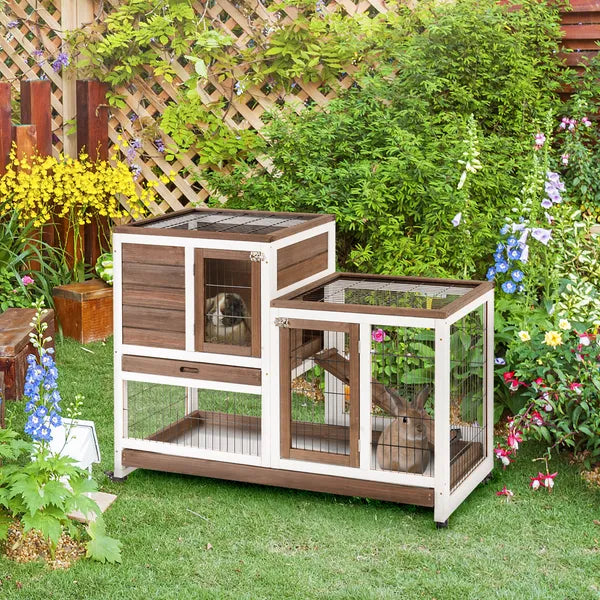 Bunny Hutch with Wheels Ramp Removable Tray, Solid Fir Wood Bunny Cage, Bunny Houses, Brown - product image 2