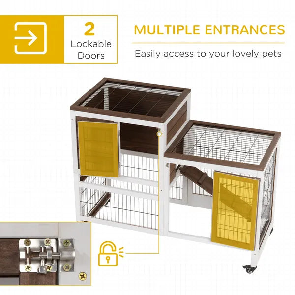 Bunny Hutch with Wheels Ramp Removable Tray, Solid Fir Wood Bunny Cage, Bunny Houses, Brown - product image 5
