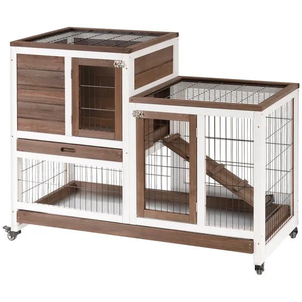 Bunny Hutch with Wheels Ramp Removable Tray, Solid Fir Wood Bunny Cage, Bunny Houses, Brown - product image 1