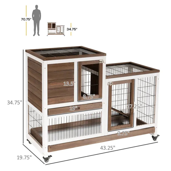 Bunny Hutch with Wheels Ramp Removable Tray, Solid Fir Wood Bunny Cage, Bunny Houses, Brown - product image 3