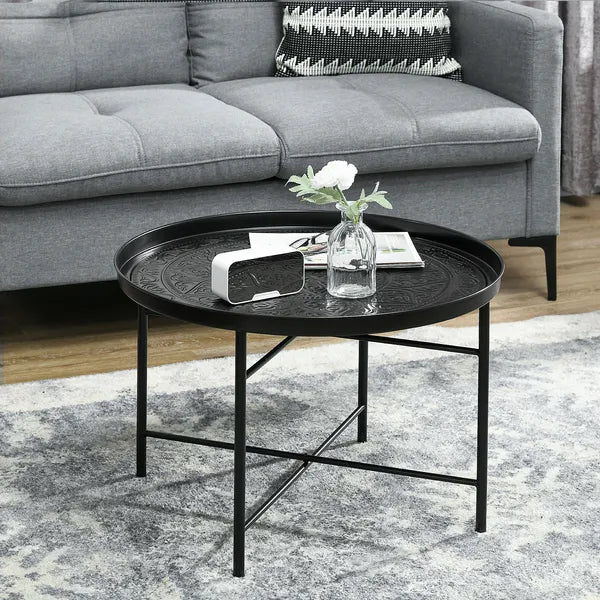 HOMCOM Cafe Table for Living Room, 24 Inch Round Center Table with Hammered Tray Top and Metal Frame for Bedroom, Black - product image 2