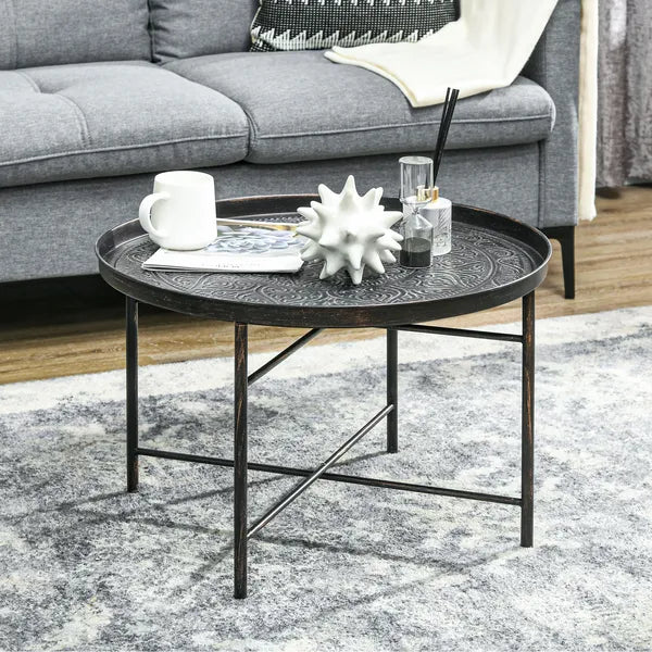 HOMCOM Cafe Table for Living Room, 24" Round Center Table with Hammered Tray Top and Metal Frame for Bedroom, Pewter - product image 2