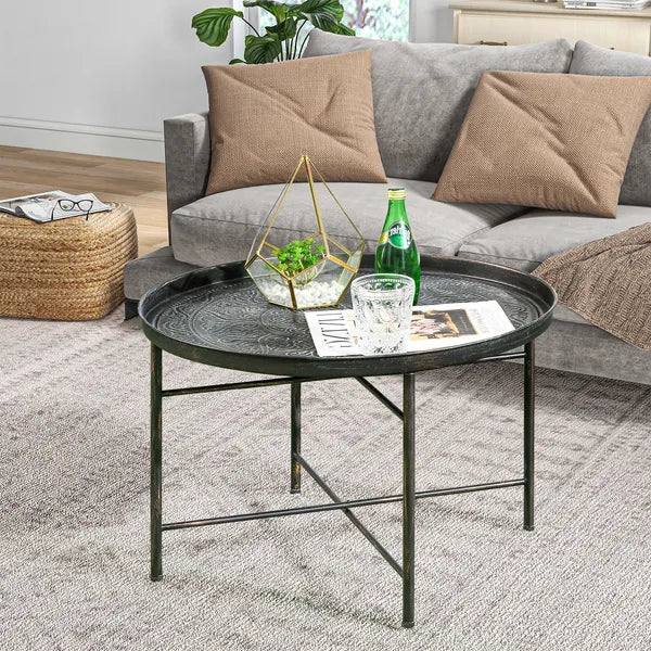 HOMCOM Cafe Table for Living Room, 24" Round Center Table with Hammered Tray Top and Metal Frame for Bedroom, Pewter - product image 10