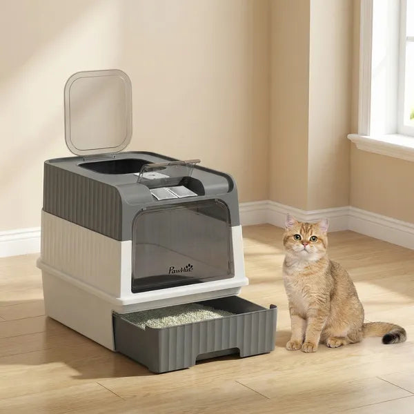 PawHut Cat Litter Box Hooded Cat Litter Tray with Drawer Pan Front Entry and Top Exit Easy Cleaning Gray - product image 7