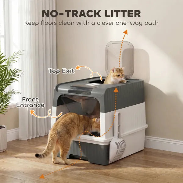 PawHut Cat Litter Box Hooded Cat Litter Tray with Drawer Pan Front Entry and Top Exit Easy Cleaning Gray - product image 3