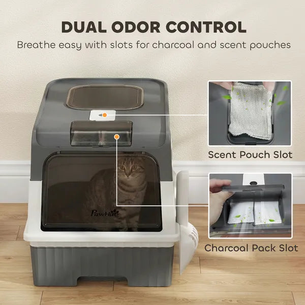 PawHut Cat Litter Box Hooded Cat Litter Tray with Drawer Pan Front Entry and Top Exit Easy Cleaning Gray - product image 5