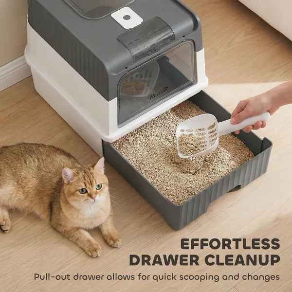 PawHut Cat Litter Box Hooded Cat Litter Tray with Drawer Pan Front Entry and Top Exit Easy Cleaning Gray - product image 4