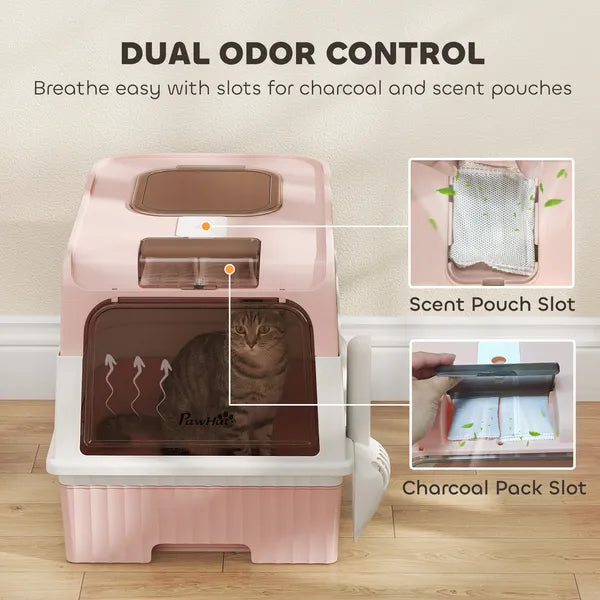 Cat Litter Box Hooded Cat Litter Tray with Drawer Pan Front Entry and Top Exit Easy Cleaning Pink - product image 5