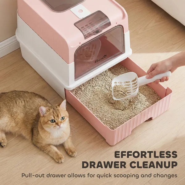 Cat Litter Box Hooded Cat Litter Tray with Drawer Pan Front Entry and Top Exit Easy Cleaning Pink - product image 4