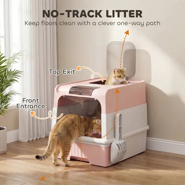Cat Litter Box Hooded Cat Litter Tray with Drawer Pan Front Entry and Top Exit Easy Cleaning Pink - product image 3