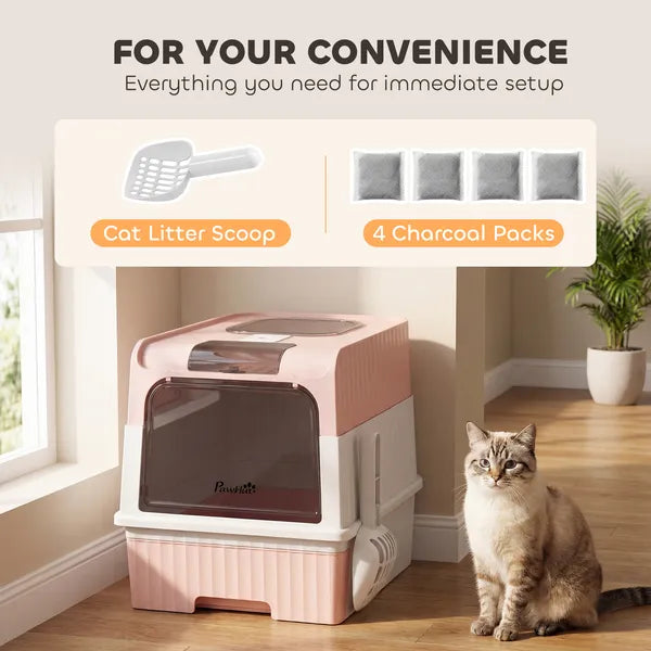 Cat Litter Box Hooded Cat Litter Tray with Drawer Pan Front Entry and Top Exit Easy Cleaning Pink - product image 6