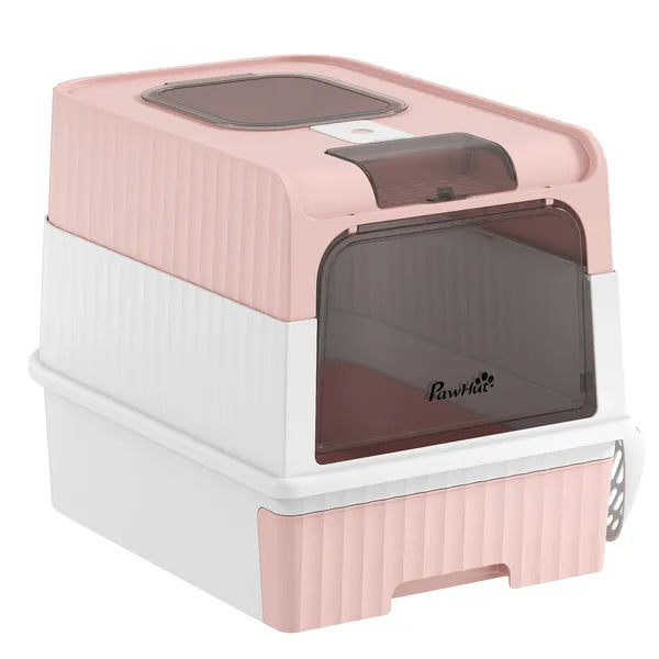 Cat Litter Box Hooded Cat Litter Tray with Drawer Pan Front Entry and Top Exit Easy Cleaning Pink - product image 1