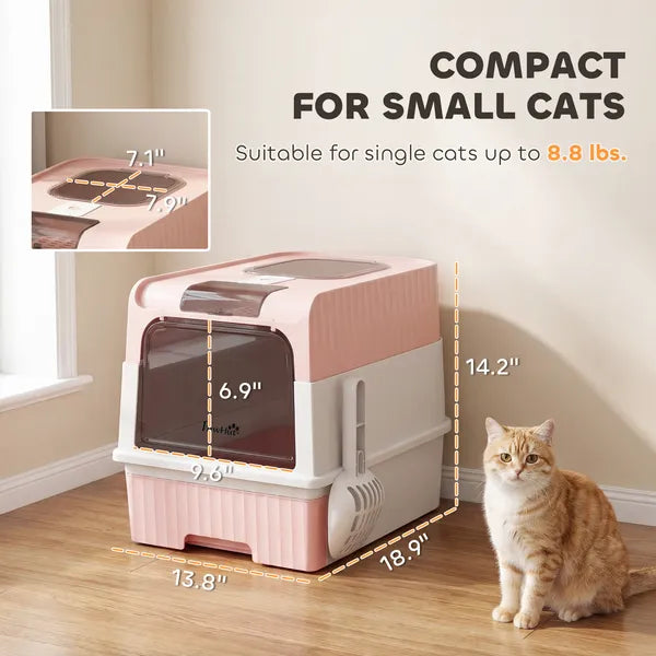 Cat Litter Box Hooded Cat Litter Tray with Drawer Pan Front Entry and Top Exit Easy Cleaning Pink - product image 2