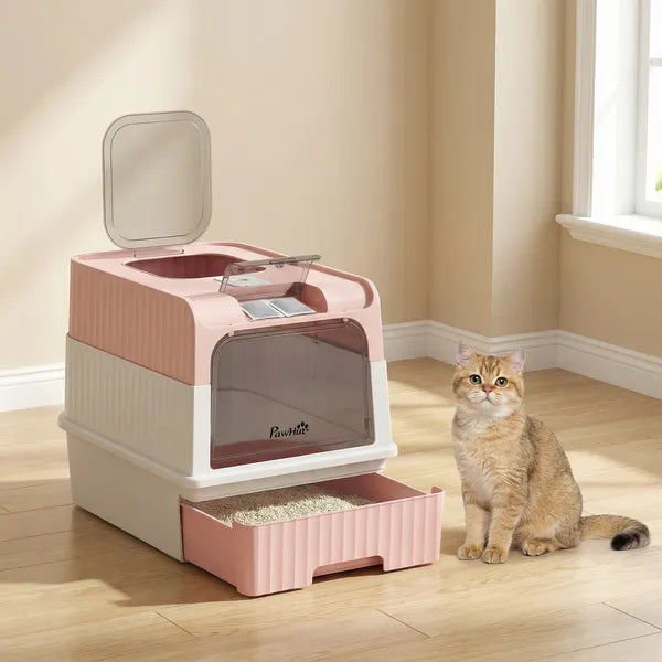 Cat Litter Box Hooded Cat Litter Tray with Drawer Pan Front Entry and Top Exit Easy Cleaning Pink - product image 7