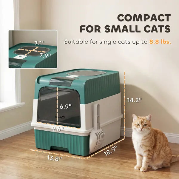 PawHut Cat Litter Box Hooded Cat Litter Tray with Drawer Pan Front Entry and Top Exit Easy Cleaning Teal - product image 2