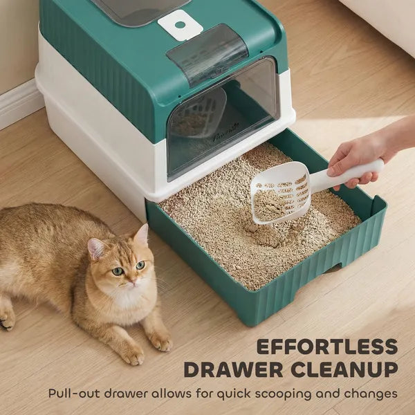 PawHut Cat Litter Box Hooded Cat Litter Tray with Drawer Pan Front Entry and Top Exit Easy Cleaning Teal - product image 4