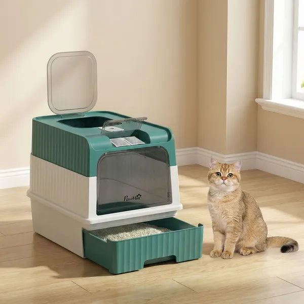 PawHut Cat Litter Box Hooded Cat Litter Tray with Drawer Pan Front Entry and Top Exit Easy Cleaning Teal - product image 7