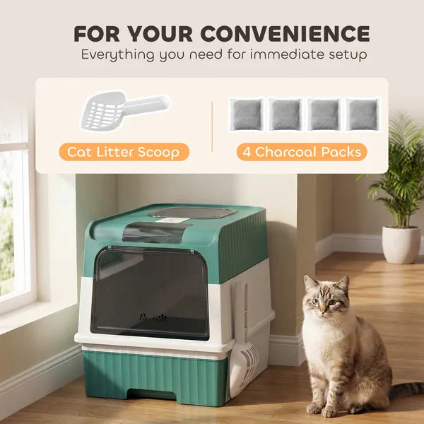 PawHut Cat Litter Box Hooded Cat Litter Tray with Drawer Pan Front Entry and Top Exit Easy Cleaning Teal - product image 6