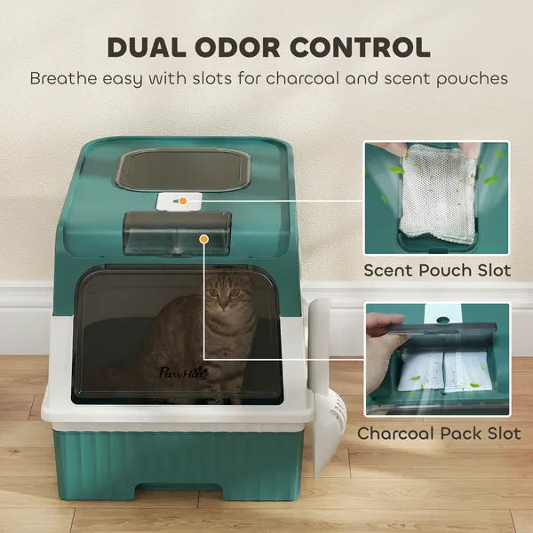 PawHut Cat Litter Box Hooded Cat Litter Tray with Drawer Pan Front Entry and Top Exit Easy Cleaning Teal - product image 5