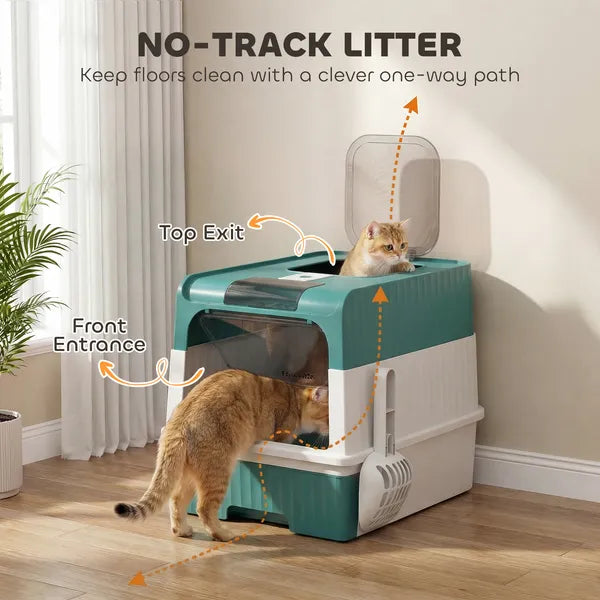 PawHut Cat Litter Box Hooded Cat Litter Tray with Drawer Pan Front Entry and Top Exit Easy Cleaning Teal - product image 3