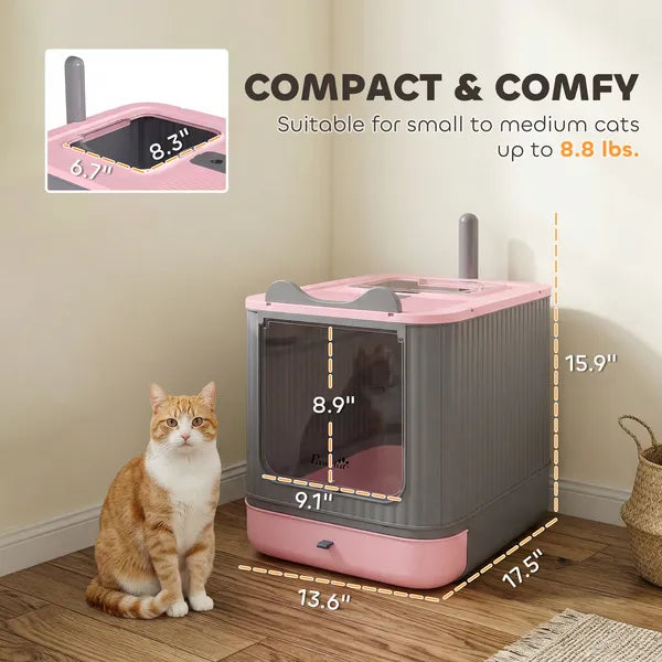 PawHut Cat Litter Box with Lid, Enclosed Litter Box for Medium Cats, Front-Entry and Top-Exit, Scoop, Deodorizer Bag, Pink - product image 2