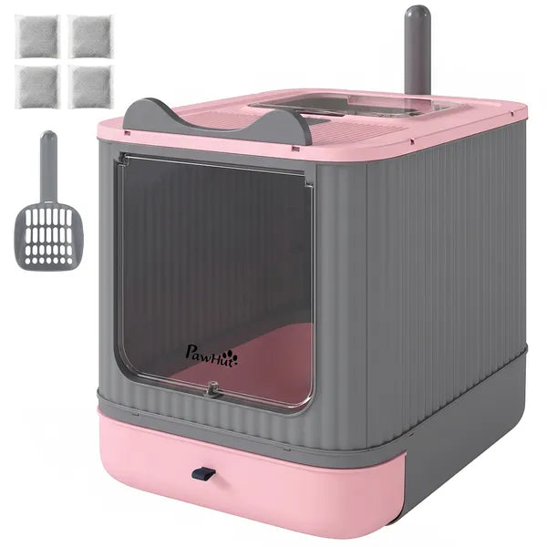 PawHut Cat Litter Box with Lid, Enclosed Litter Box for Medium Cats, Front-Entry and Top-Exit, Scoop, Deodorizer Bag, Pink - product image 1