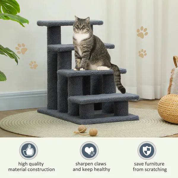 PawHut Cat Scratching Post 25 4-Step Carpeted Pet Stairs High Beds Sofas Cat Furniture with Toy Gray - product image 6