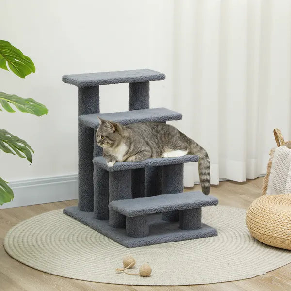 PawHut Cat Scratching Post 25 4-Step Carpeted Pet Stairs High Beds Sofas Cat Furniture with Toy Gray - product image 10