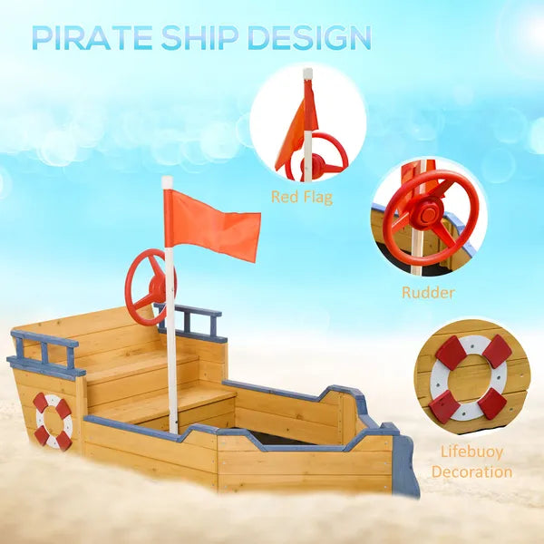 Outsunny Cedar Wood Kids Sandbox, Pirate Ship Play Boat with Bench Seats and Storage - product image 4