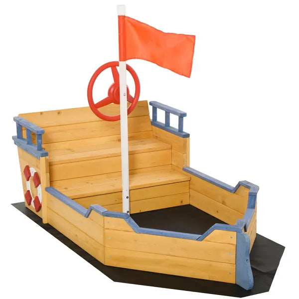Outsunny Cedar Wood Kids Sandbox, Pirate Ship Play Boat with Bench Seats and Storage - product image 1
