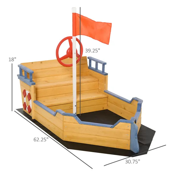 Outsunny Cedar Wood Kids Sandbox, Pirate Ship Play Boat with Bench Seats and Storage - product image 3