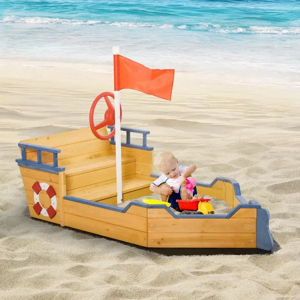 Outsunny Cedar Wood Kids Sandbox, Pirate Ship Play Boat with Bench Seats and Storage - product image 2