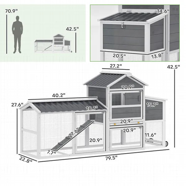 PawHut Chicken Coop with Wheels, 80" L Mobile Hen House with Run, Outdoor Wooden Chicken House with Nesting Box, Tray, Ramp - product image 2