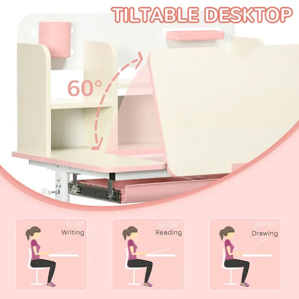 Children's Study Desk, Height Adjustable Writing Table with Tilt Desktop, Drawer and Storage, for School and Homework, Pink - product image 5