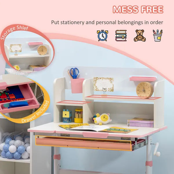 Children's Study Desk, Height Adjustable Writing Table with Tilt Desktop, Drawer and Storage, for School and Homework, Pink - product image 6