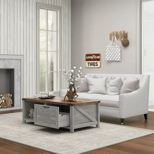 Coffee Table with Storage, Farmhouse Living Room Table with Storage Drawer and Open Shelf, Distressed Gray - product image 9
