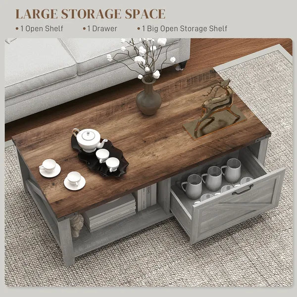 Coffee Table with Storage, Farmhouse Living Room Table with Storage Drawer and Open Shelf, Distressed Gray - product image 4