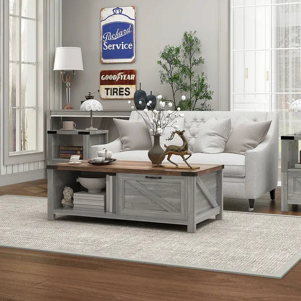 Coffee Table with Storage, Farmhouse Living Room Table with Storage Drawer and Open Shelf, Distressed Gray - product image 2