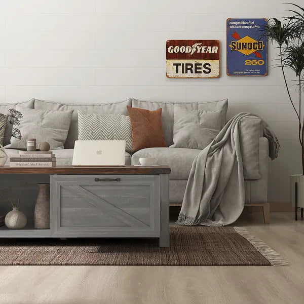 Coffee Table with Storage, Farmhouse Living Room Table with Storage Drawer and Open Shelf, Distressed Gray - product image 7