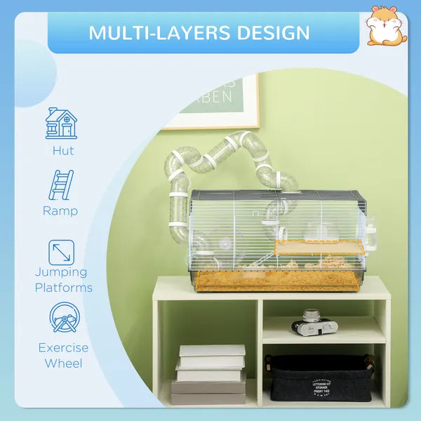 PawHut Compact Gerbil or Dwarf Hamster Cage with Tubes, Exercise Wheel, Food Dish and Water Bottle, 23"x13"x12", Gray - product image 5