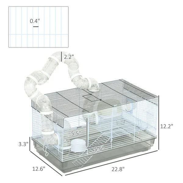 PawHut Compact Gerbil or Dwarf Hamster Cage with Tubes, Exercise Wheel, Food Dish and Water Bottle, 23"x13"x12", Gray - product image 3