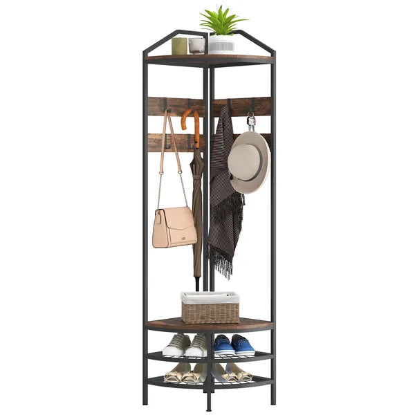 HOMCOM Corner Hall Tree, Industrial 4-Tier Coat Rack with Shoe Storage, 8 Movable Hooks and 2 Shelves for Hallway, Rustic Brown - product image 11