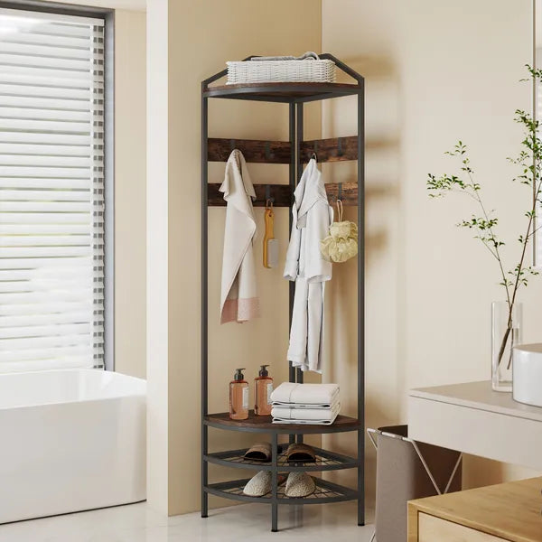 HOMCOM Corner Hall Tree, Industrial 4-Tier Coat Rack with Shoe Storage, 8 Movable Hooks and 2 Shelves for Hallway, Rustic Brown - product image 9
