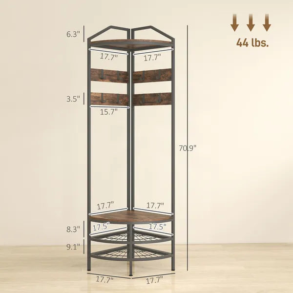 HOMCOM Corner Hall Tree, Industrial 4-Tier Coat Rack with Shoe Storage, 8 Movable Hooks and 2 Shelves for Hallway, Rustic Brown - product image 3