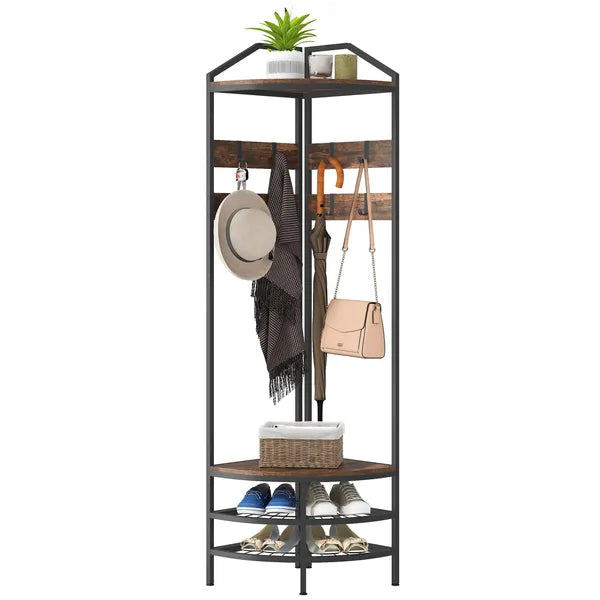 HOMCOM Corner Hall Tree, Industrial 4-Tier Coat Rack with Shoe Storage, 8 Movable Hooks and 2 Shelves for Hallway, Rustic Brown - product image 1
