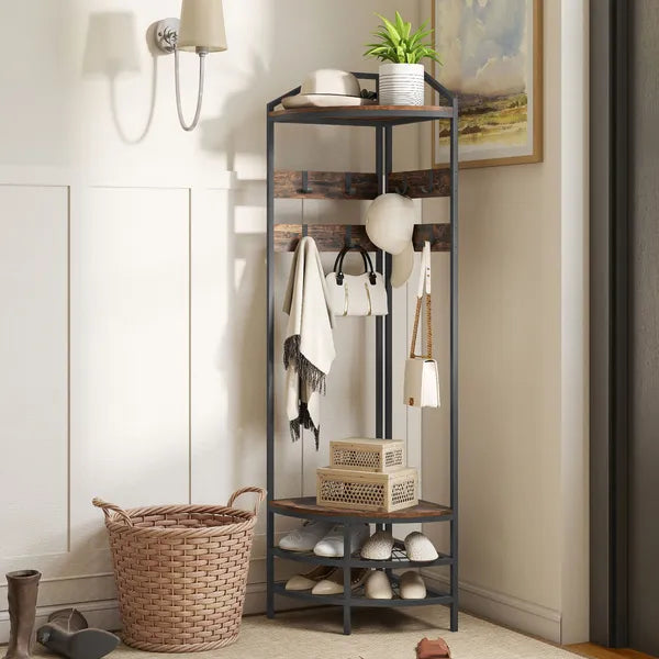 HOMCOM Corner Hall Tree, Industrial 4-Tier Coat Rack with Shoe Storage, 8 Movable Hooks and 2 Shelves for Hallway, Rustic Brown - product image 10